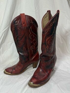 ACME Red Leather Western Heeled Cowboy Boots with Metal Toe